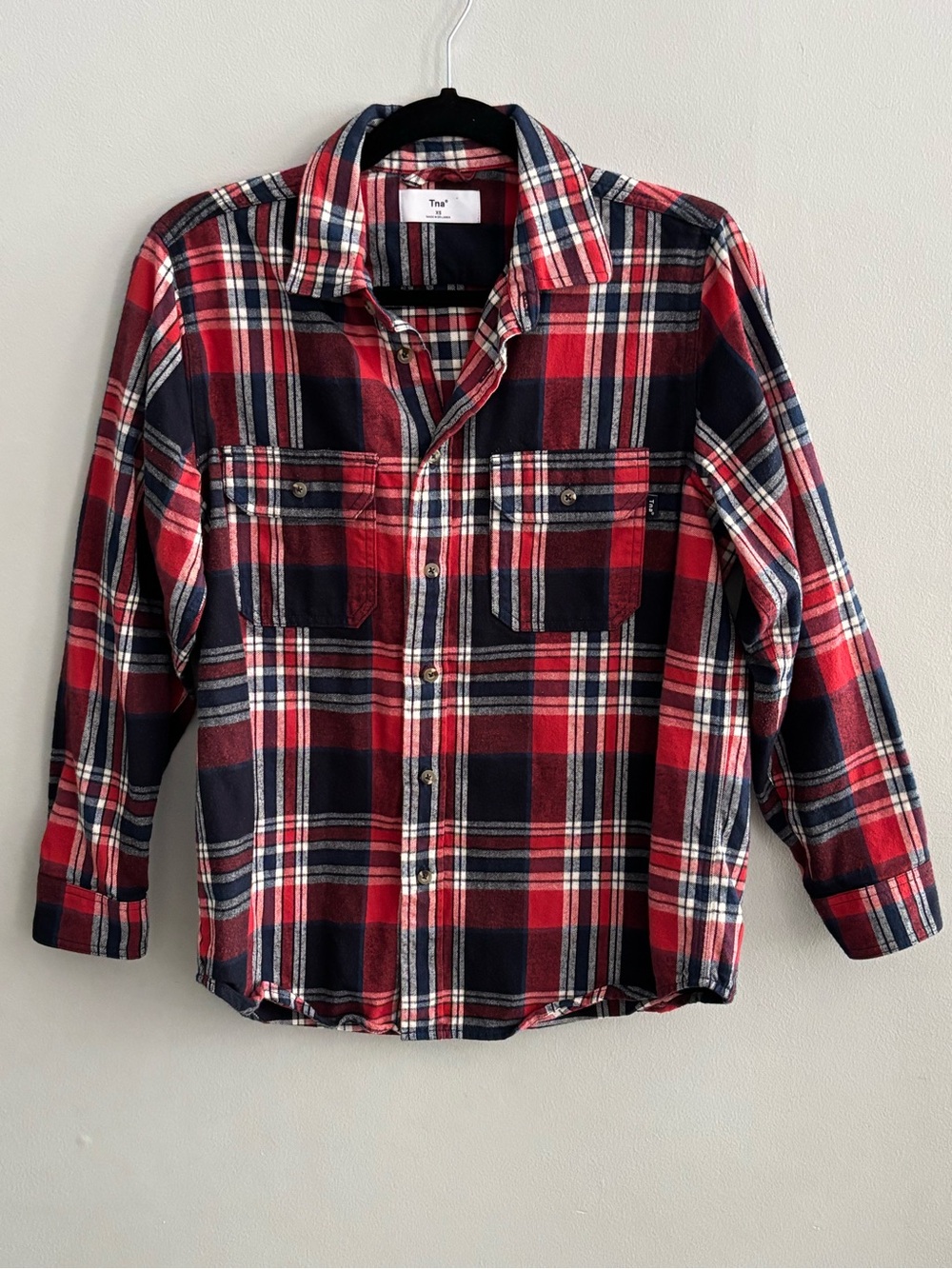 Tna Aritzia Oversized Plaid Flannel Button Up Shirt Red Navy XS Lumberjack Luxe